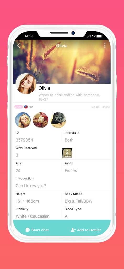 A detailed user profile on the SayHi Chat app showing personal information and photos