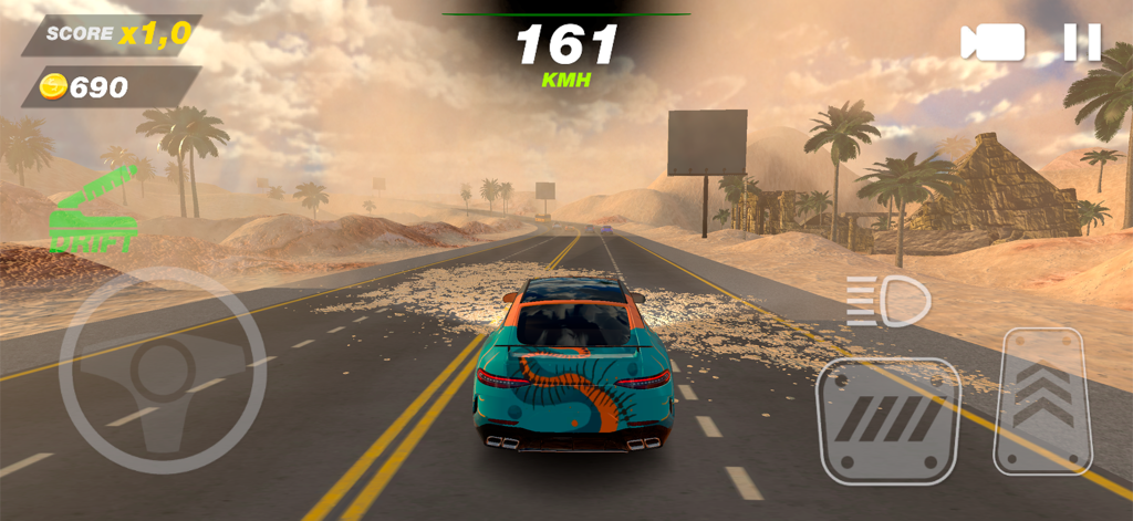 Street Racing: Car Battle - A customized sports car driving at high speed through a desert landscape with Egyptian ruins in Street Racing Car Battle
