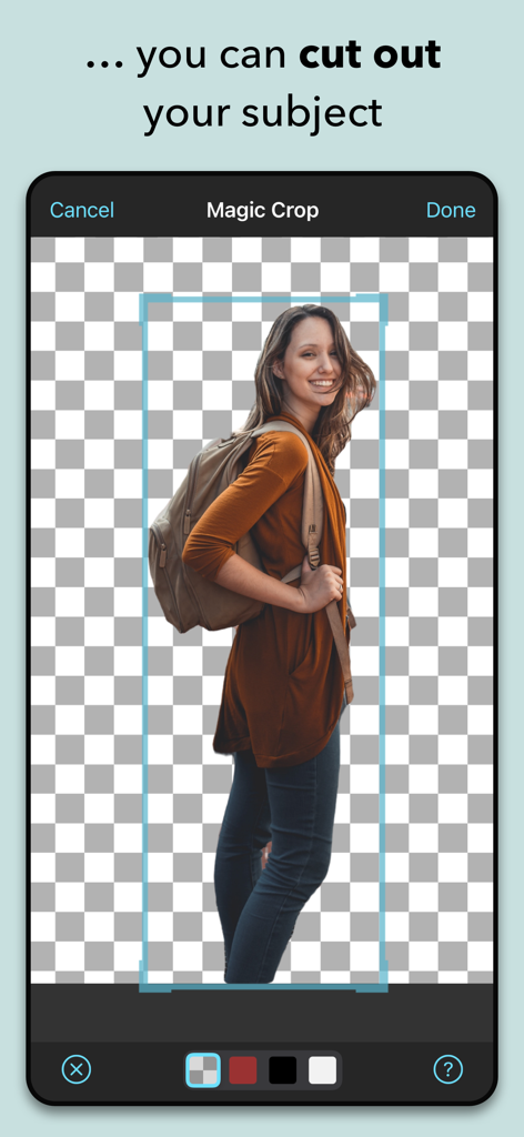 Juxtaposer: cut, combine, edit - Juxtaposerアプリのマジッククロップ機能が、写真から人物を切り抜いている様子