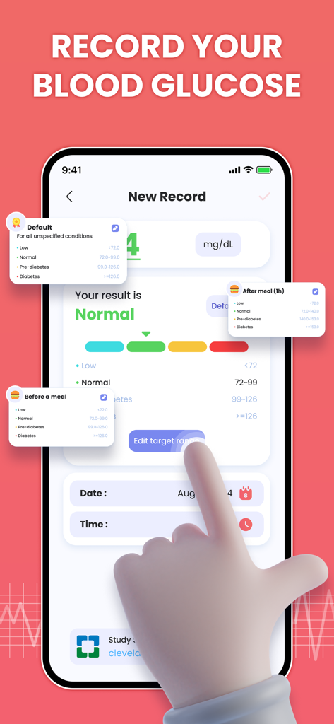 A mobile app interface for recording daily blood glucose levels with health category ranges