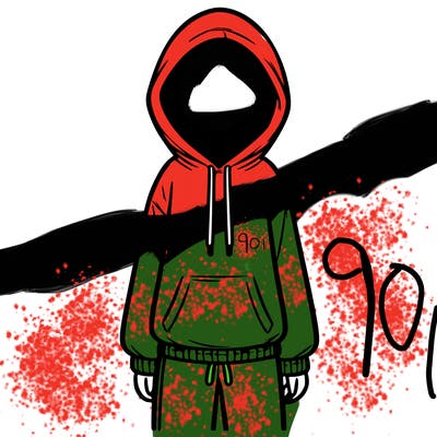 faceless girl in a tracksuit with a hood on and no hair