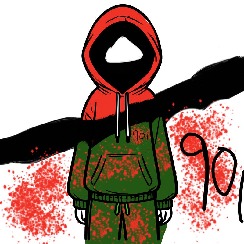 faceless girl in a tracksuit with a hood on and no hair