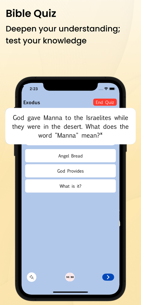 French Bible - La Bible - A Bible quiz screen within the French Bible app showing a question about the book of Exodus