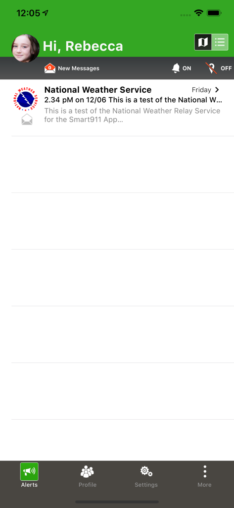 Smart911 mobile app dashboard showing a National Weather Service emergency alert