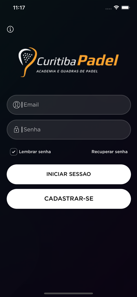 Curitiba Padel - Tela de login e cadastro do aplicativo móvel Curitiba Padel