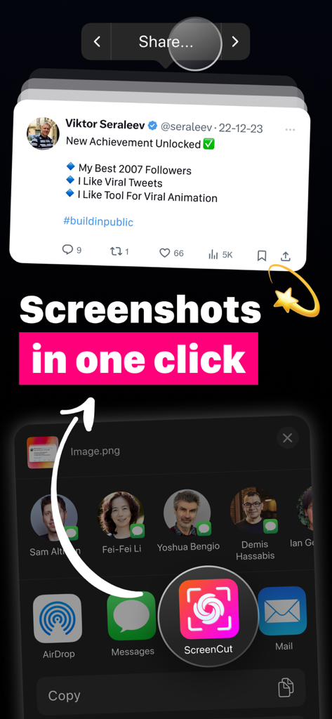 Screenshot Editor - ScreenCut - ScreenCut app icon highlighted in the iOS share menu for quick screenshot editing
