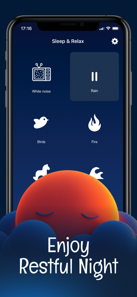 Interfaccia dell'app Sleep Sounds che mostra varie icone di suoni ambientali e un'illustrazione di sonno pacifico.