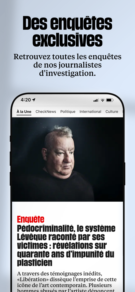 Tela do aplicativo Libération apresentando jornalismo investigativo exclusivo e artigos de aprofundamento.