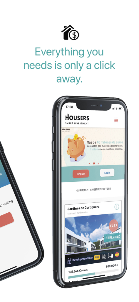 Housers mobile app interface showing real estate investment opportunities