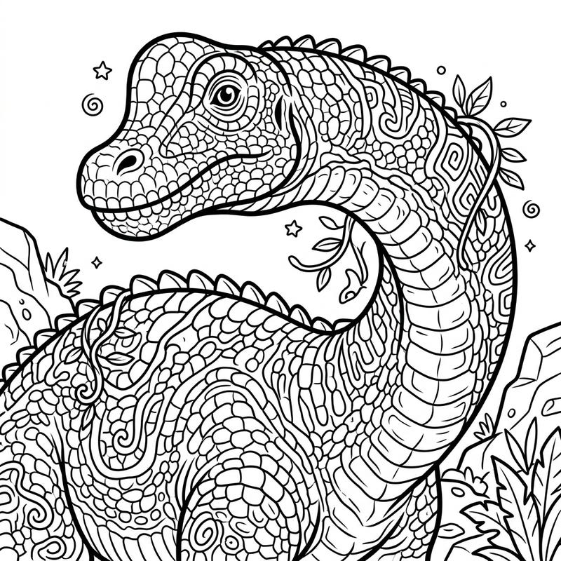 Immerse yourself in the prehistoric world with this beautifully detailed Brachiosaurus skin coloring page. Specially crafted for seniors, it offers clear outlines and intricate patterns for a relaxing and cognitively stimulating creative experience.