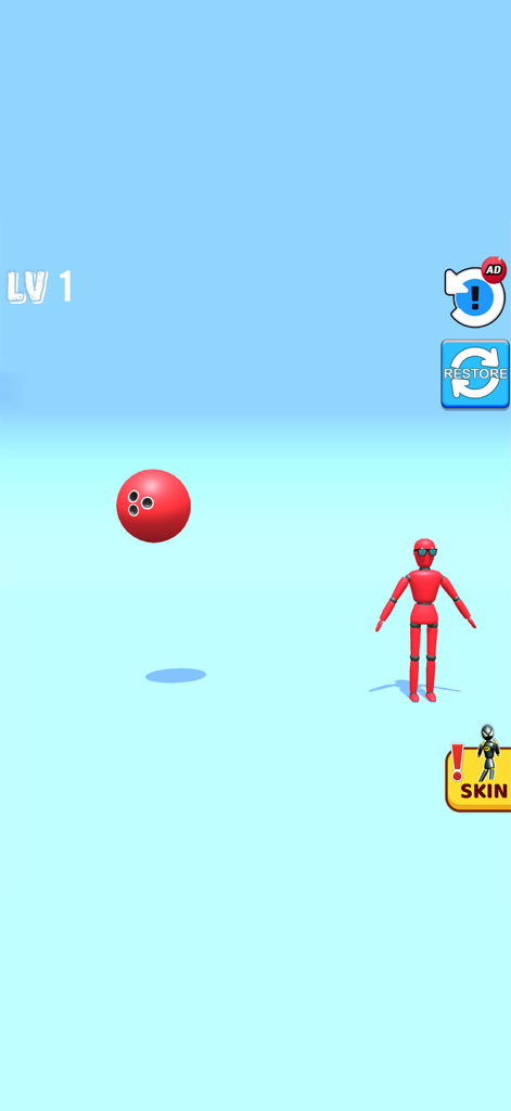 Kick & Break Ragdoll Simulator - Level 1 gameplay of Kick and Break Ragdoll Simulator featuring a red bowling ball and a red ragdoll character
