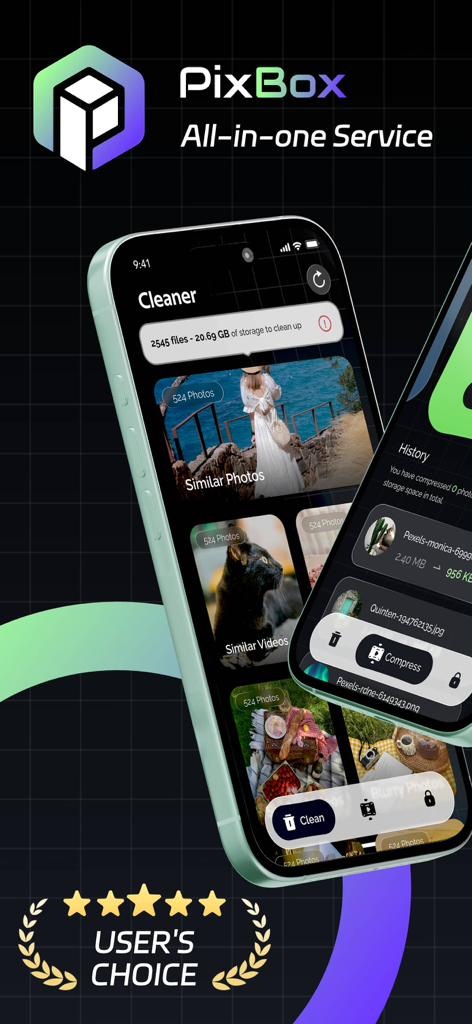 PixBox: Compress & Clean - PixBox app interface for cleaning similar photos and videos to free up iPhone storage