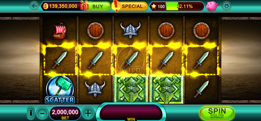 Casino Slots: Slot Machines - Gameplay-Screenshot des Spielautomaten im nordischen Götter-Thema in Casino Slots, der eine Gewinnlinie mit Schwertsymbolen zeigt.