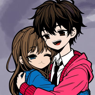 anime girl and boy hugging