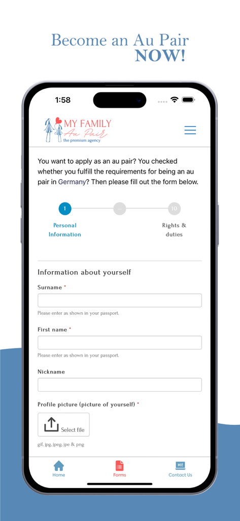 Application form screen in the My Family Au Pair app for individuals applying to be an au pair in Germany
