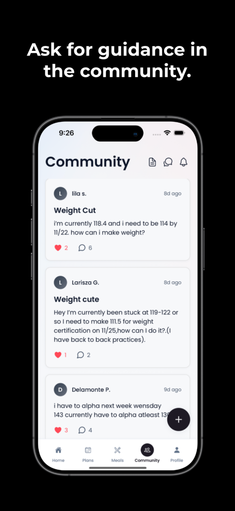 CutCoach - Athletes discussing weight cutting goals in the CutCoach community forum