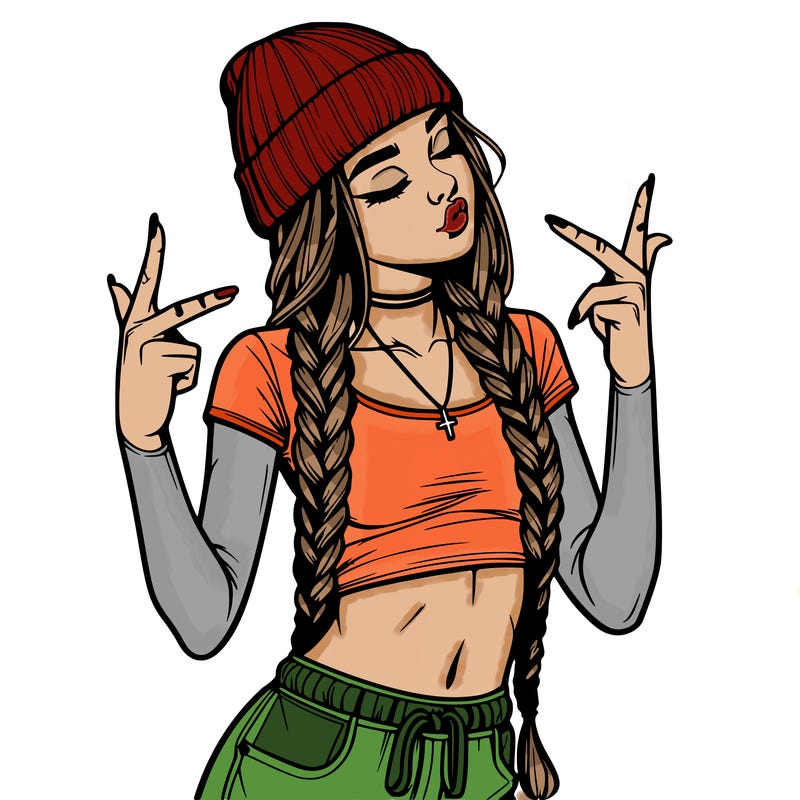 realistic teenage girl with braids and a beanie and crop top doing 🫶🏼