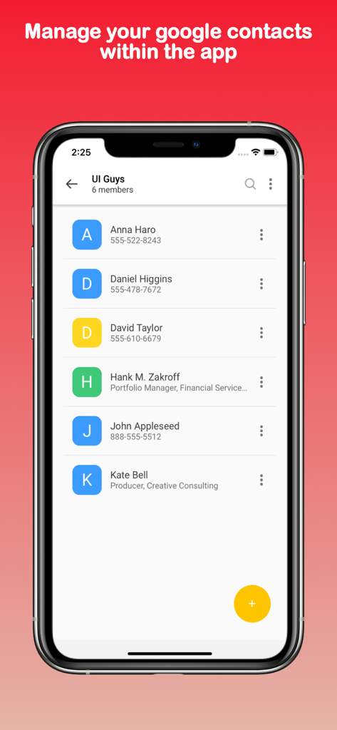 List of Google contacts being managed within the Shared Contacts for Gmail app on an iPhone