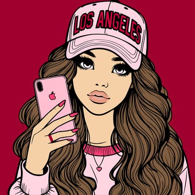 realistic beautiful girl wearing los ángeles cap holding an iphone