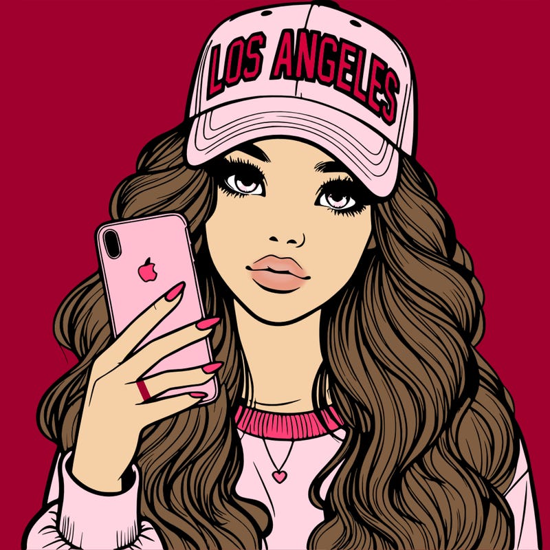 realistic beautiful girl wearing los ángeles cap holding an iphone