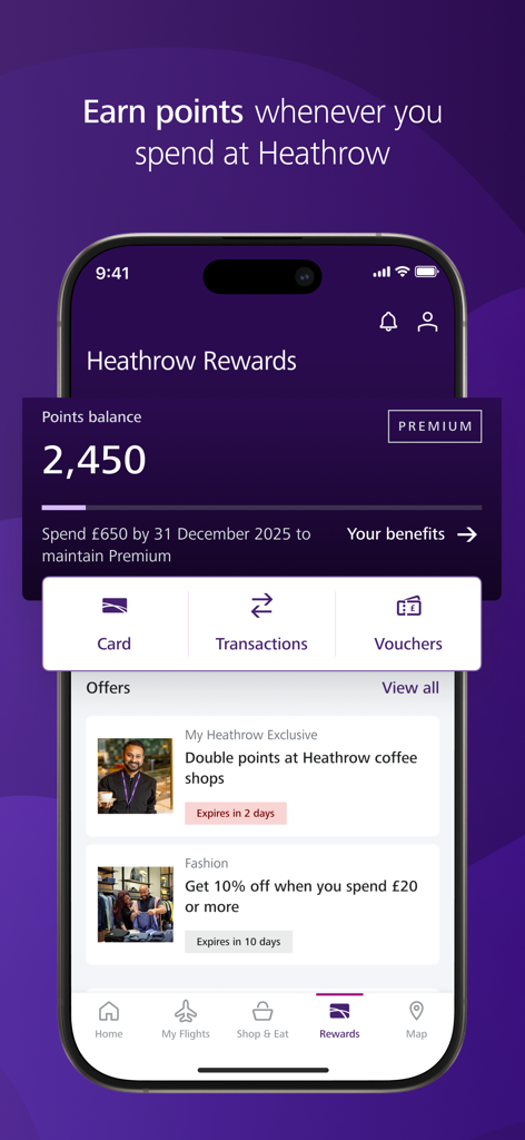 Heathrow 공항 앱 리워드 화면으로 포인트 잔액 상태 수준 및 독점 쇼핑 혜택 표시
