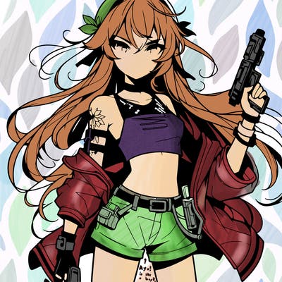 bad girl wearing crop top holding a gun long hair anime