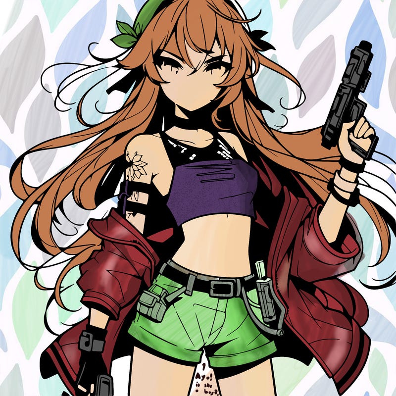 bad girl wearing crop top holding a gun long hair anime