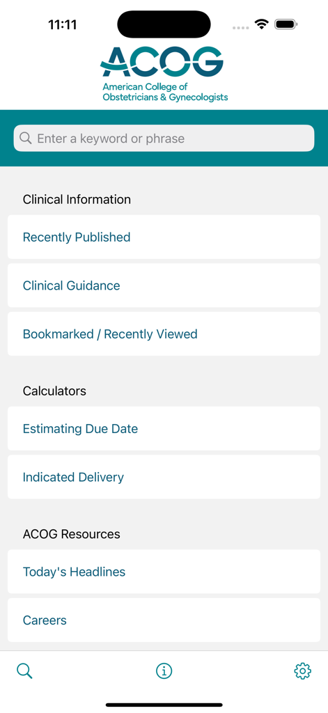 ACOG - Dashboard of the ACOG app showing clinical guidance and obstetric calculators