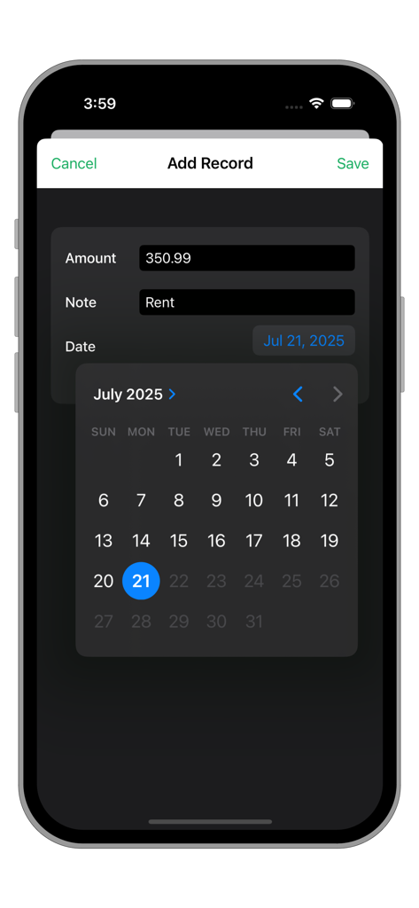 A mobile app screen for adding a savings record with fields for amount and notes plus a calendar date picker.