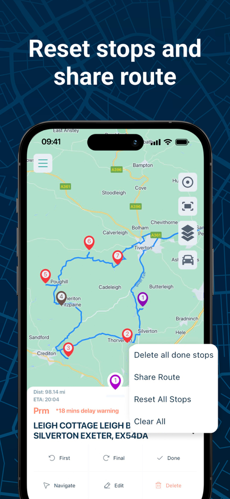 Delm8 City Navigation, Maps UK - Delm8 app screen showing a multi-stop map route and sharing options