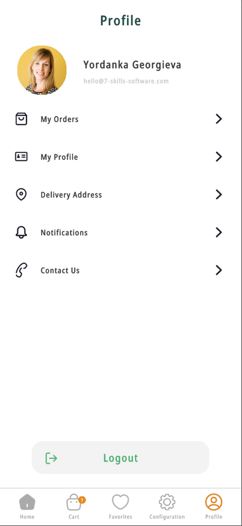 The user profile screen of the Easy AR Furniture app showing account management options like orders and delivery address.