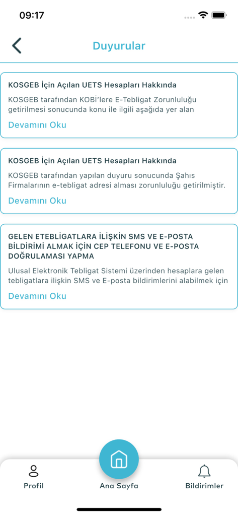 UETS PTT - The announcements page of the UETS PTT app displaying official legal updates and notification settings in Turkish.