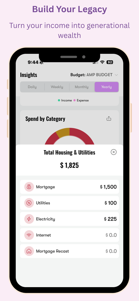 Money Tracker & Budgeting App - Interface do aplicativo de rastreamento de dinheiro exibindo um resumo anual de despesas com moradia e serviços públicos, incluindo hipoteca e eletricidade.