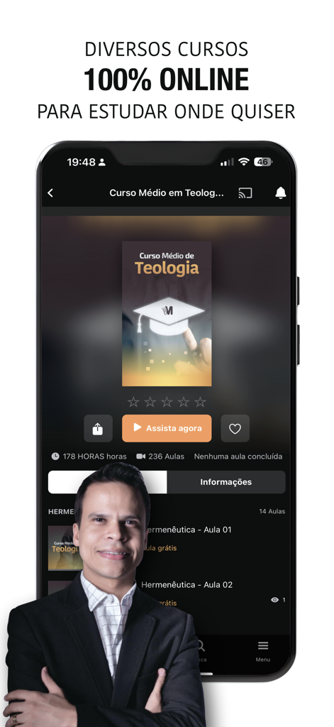 Academia de Pregadores - Interfaz de la aplicación Academia de Pregadores que muestra un curso de teología en línea y un profesor