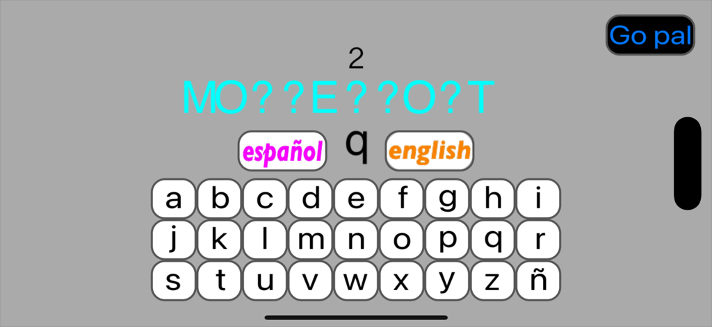 Letra mobile word game interface showing a word puzzle with hidden letters and a letter keyboard