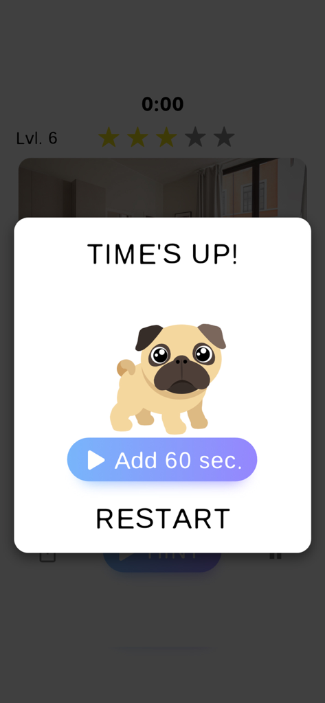 Time's up pop-up screen in a spot the difference game featuring a cute pug and a restart button