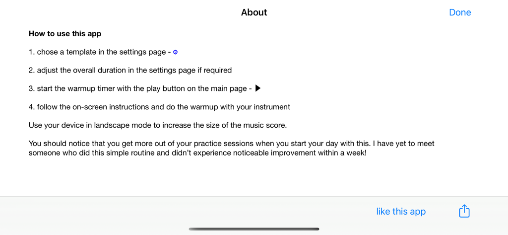 WGWトランペット・ウォーミングアップ・アプリの使用説明が表示された「このアプリについて」のページ