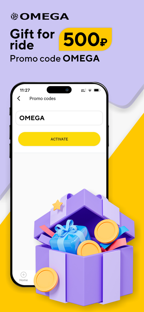 Omega: taxi service - Interfaz de la aplicación Omega taxi service que muestra una pantalla de activación de código promocional con una ilustración de caja de regalo
