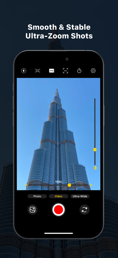 Aplicación Tele Lens Zoom Camera grabando un video con zoom 150x de un rascacielos alto