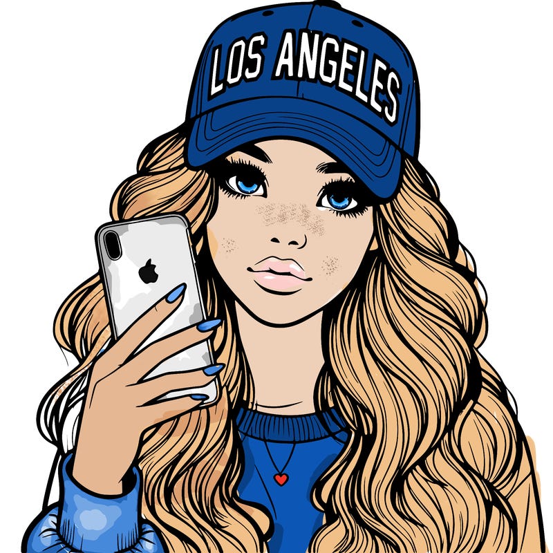 realistic beautiful girl wearing los ángeles cap holding an iphone