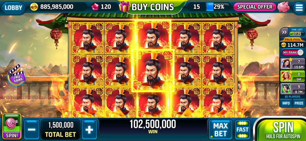 Prosperity Slots Casino Game - Gameplay screenshot of Prosperity Slots Casino Game showing an Asian themed slot machine with a massive coin win display