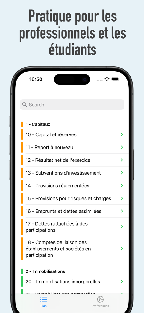 Plan Comptable Général France - Interface of the Plan Comptable General France app showing a list of accounting categories and a search bar