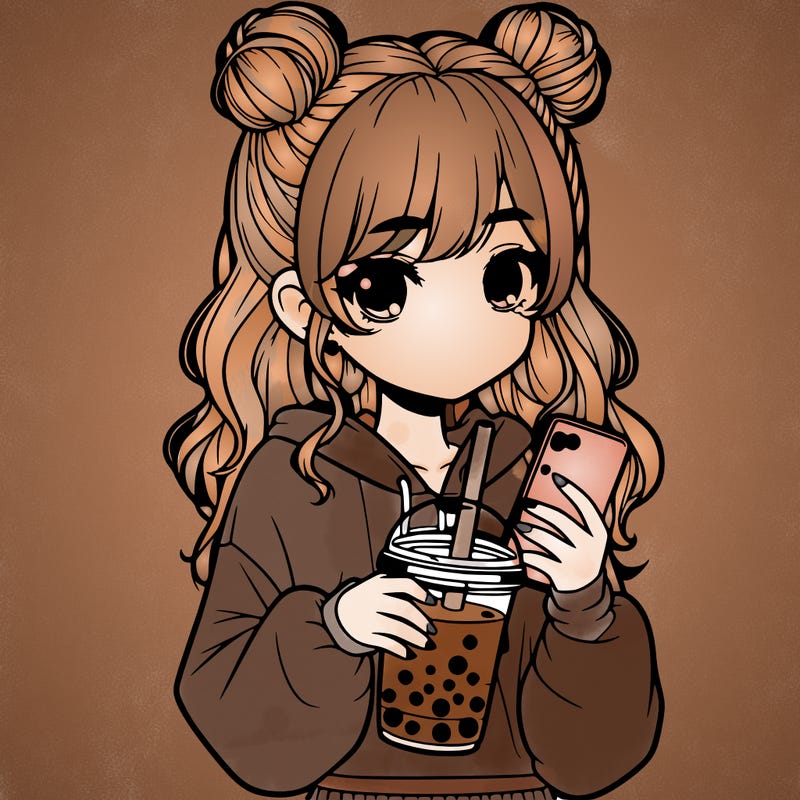 realistic girl with a lphone and boba