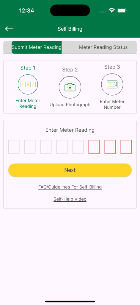 IGL Connect - IGL Connect app self billing screen showing steps to enter meter reading, upload photograph, and enter meter number.