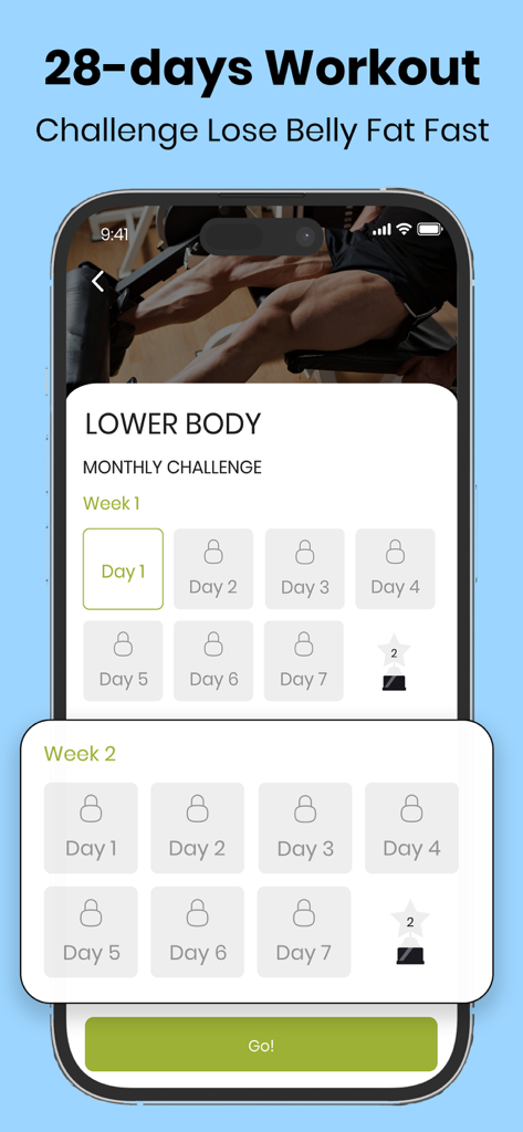 FitZay app screen showing a 28 day lower body workout challenge to lose belly fat