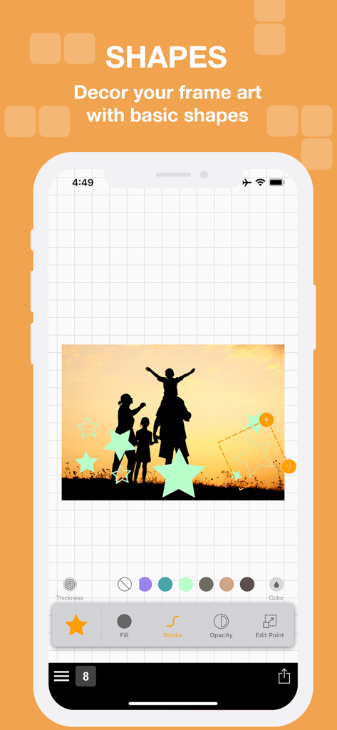 CollaPic - Collage Maker Video - Interface of CollaPic app showing a family photo decorated with customizable star shapes and editing tools