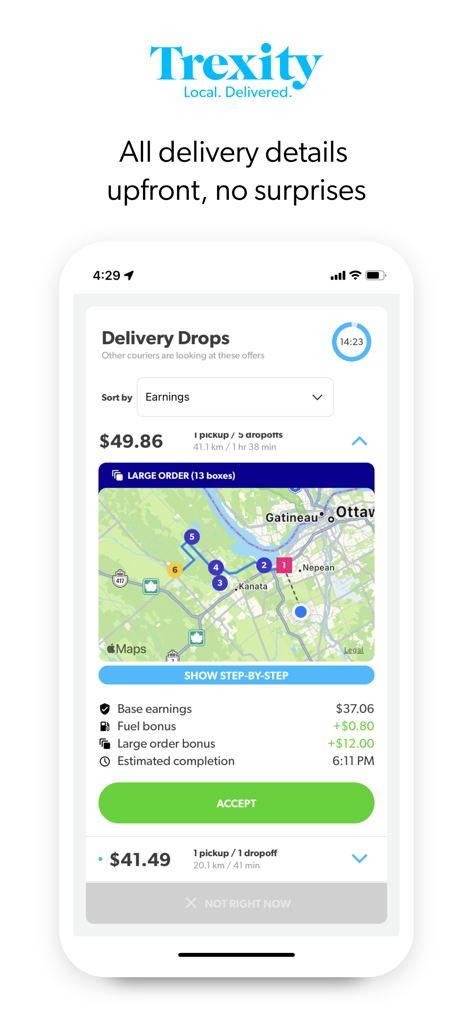 Trexity Driver - Screenshot of the Trexity Driver app interface showing a multi-stop delivery route map and a detailed upfront earnings breakdown.