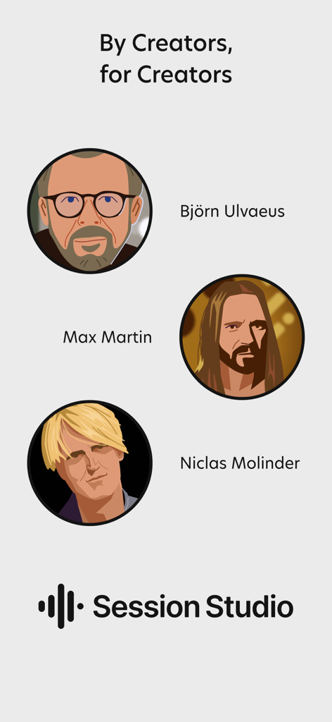 Session Studio - Illustrations of music creators Bjorn Ulvaeus Max Martin and Niclas Molinder for the Session Studio app