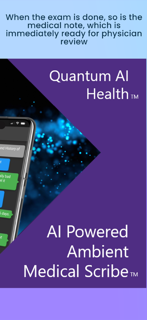 Aplicativo Quantum AI Health mostrando geração automatizada de notas médicas para médicos.