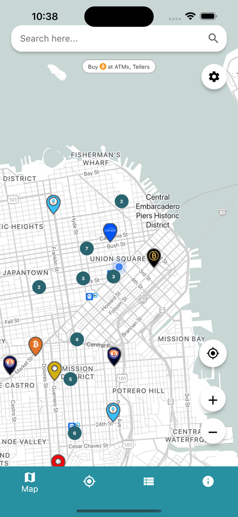 A map interface in the CoinATMRadar app showing numerous Bitcoin ATM and teller locations across San Francisco.